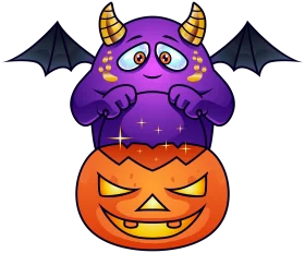 Halloween Monster Pumpkin Clipart: Cute Purple Horned Character Emerging from Jack-o'-Lantern Decoration