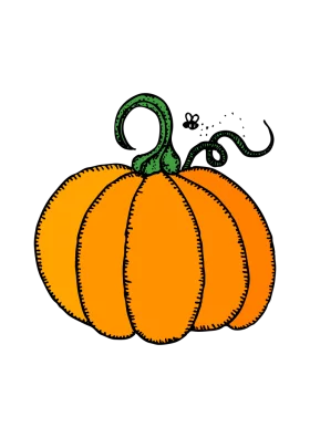 Hand-Drawn Orange Pumpkin with Green Curly Stem and Bee Autumn Harvest Clipart