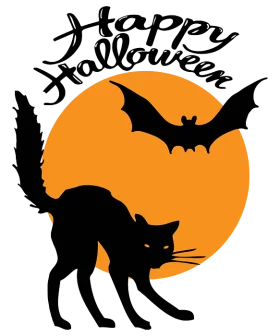 Happy Halloween Clipart with Black Cat, Bat and Orange Moon Silhouette Design