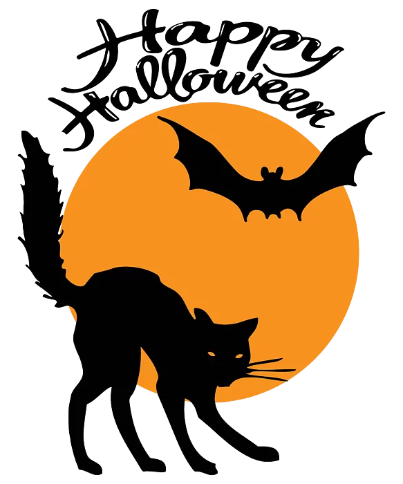 Happy Halloween Clipart with Black Cat, Bat and Orange Moon Silhouette Design