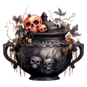 Macabre Gothic Black Cauldron with Red and White Skulls Halloween Clipart