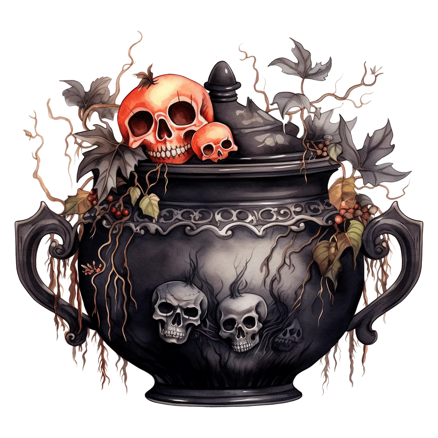 Macabre Gothic Black Cauldron with Red and White Skulls Halloween Clipart