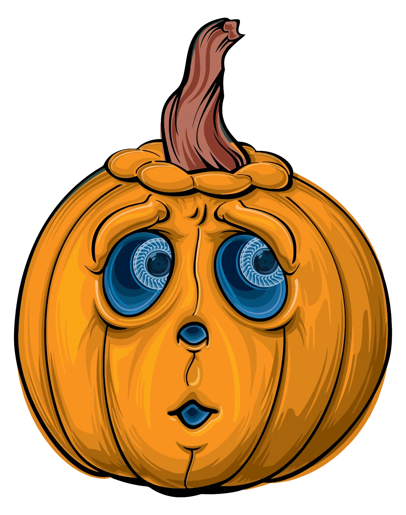 Sad Teary-Eyed Orange Pumpkin with Curved Stem Halloween Cartoon Clipart