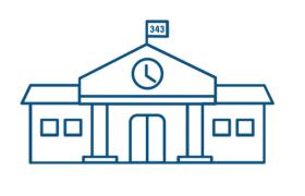 Simple Blue Outline School Building with Clock Tower Educational Institution Clipart