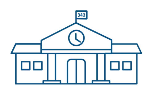 Simple Blue Outline School Building with Clock Tower Educational Institution Clipart