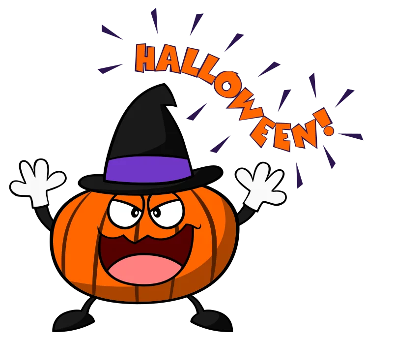 Spooky Halloween Cartoon Pumpkin Character with Witch Hat Clipart for Festive Decor