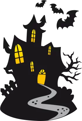 Spooky Halloween Haunted House Silhouette with Bats and Bare Tree Clipart