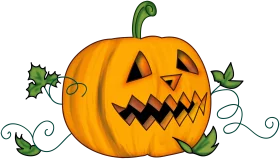 Spooky Halloween Jack-o'-Lantern Pumpkin with Vines and Leaves Clipart