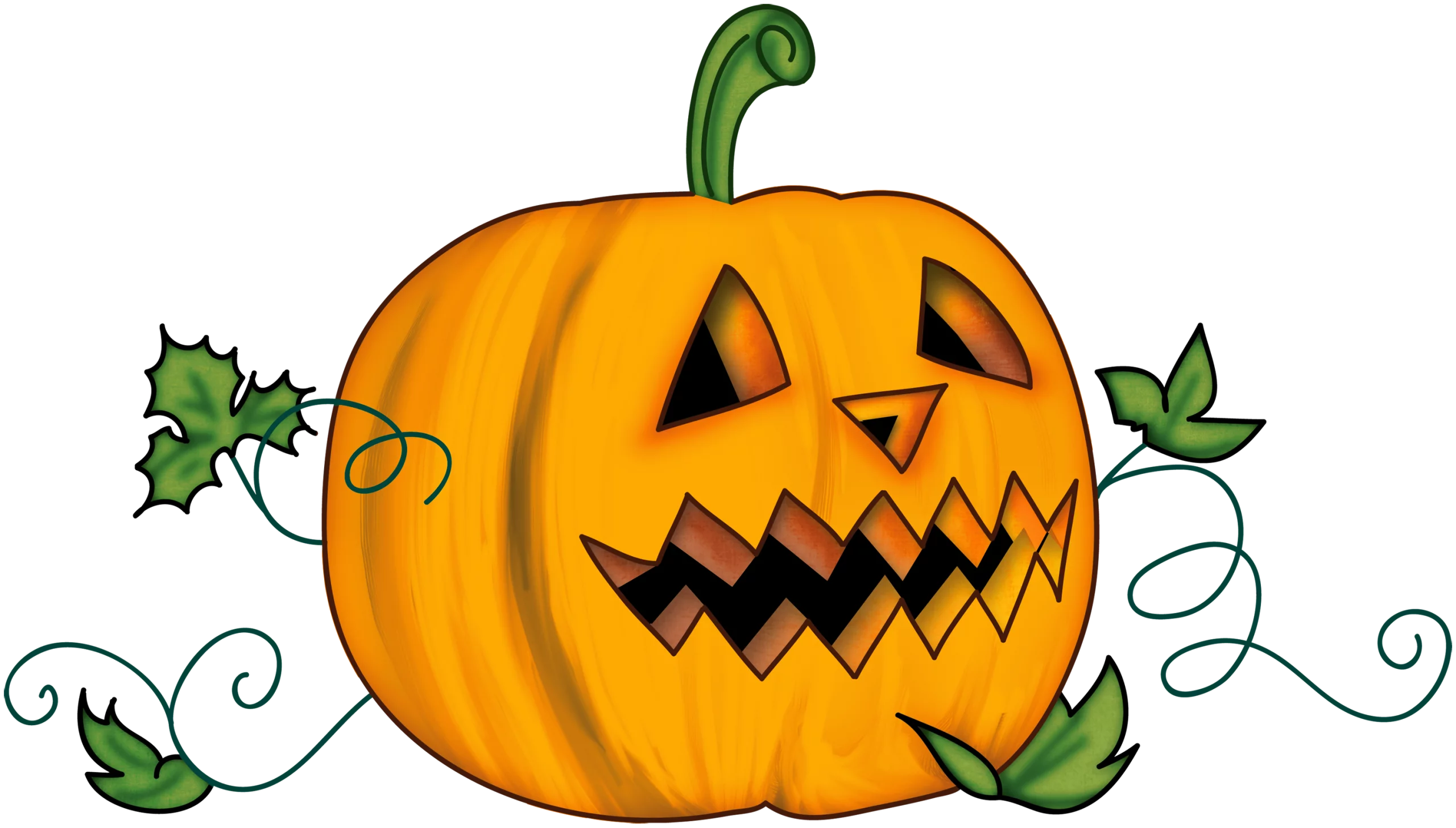 Spooky Halloween Jack-o'-Lantern Pumpkin with Vines and Leaves Clipart