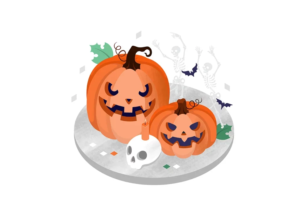 Spooky Halloween Jack-o'-Lantern Pumpkins with Skull on Plate Clipart