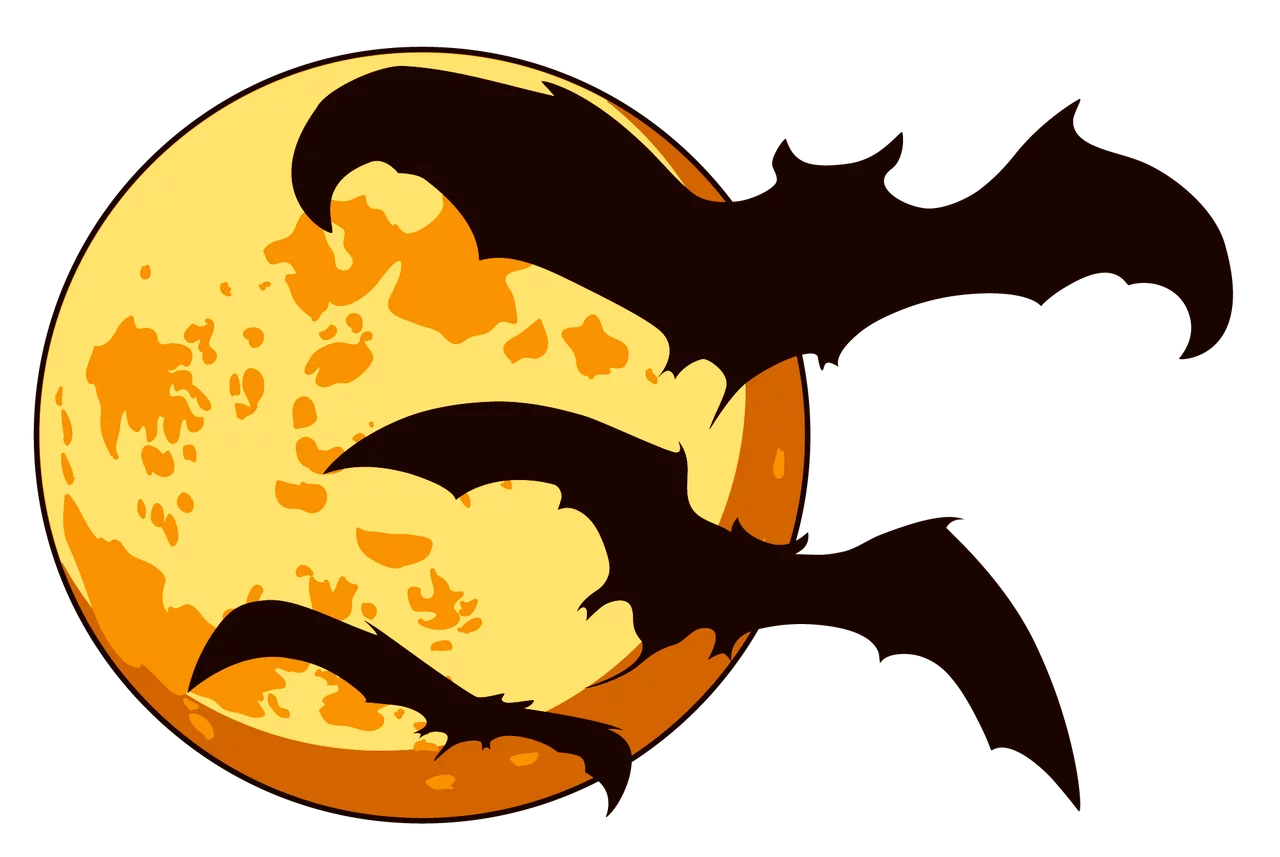 Spooky Halloween Night Flying Bat Silhouette Against Full Moon Clipart Illustration