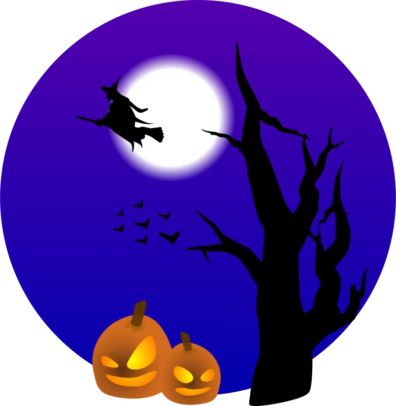 Spooky Halloween Night Silhouette with Witch and Jack-o-Lanterns Clipart