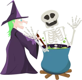 Spooky Halloween Witch and Skeleton Brewing Magical Potion in Cauldron Clipart