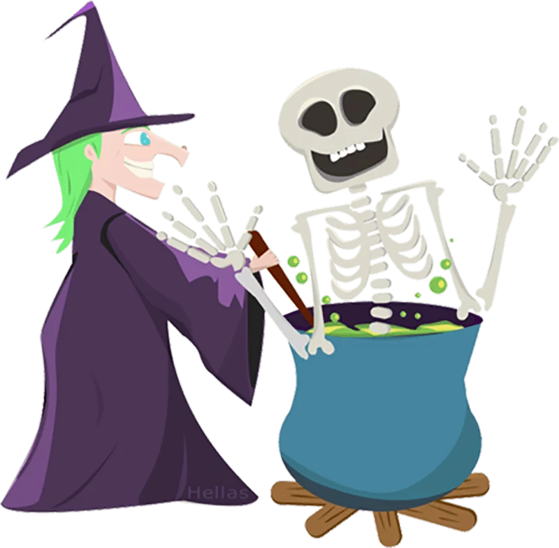 Spooky Halloween Witch and Skeleton Brewing Magical Potion in Cauldron Clipart