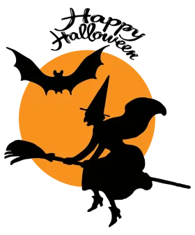 Spooky Halloween Witch Flying on Broomstick with Bat Silhouette Clipart