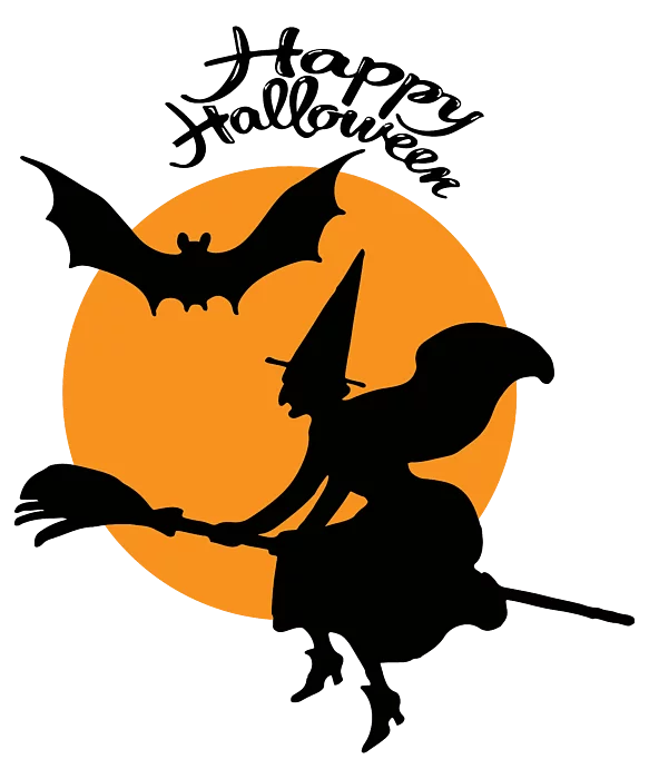 Spooky Halloween Witch Flying on Broomstick with Bat Silhouette Clipart