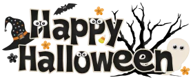 Spooky Happy Halloween Text Banner with Witch Hat and Bats Clipart Design