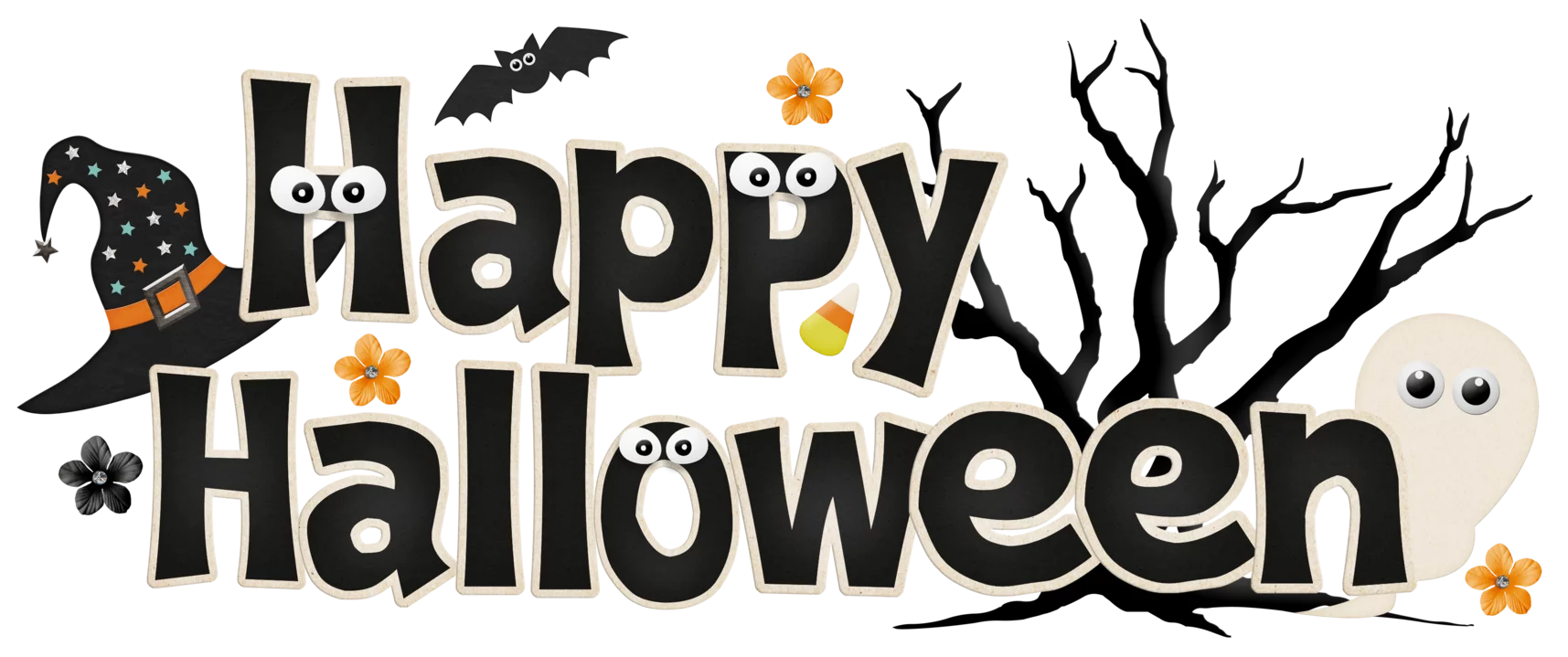 Spooky Happy Halloween Text Banner with Witch Hat and Bats Clipart Design