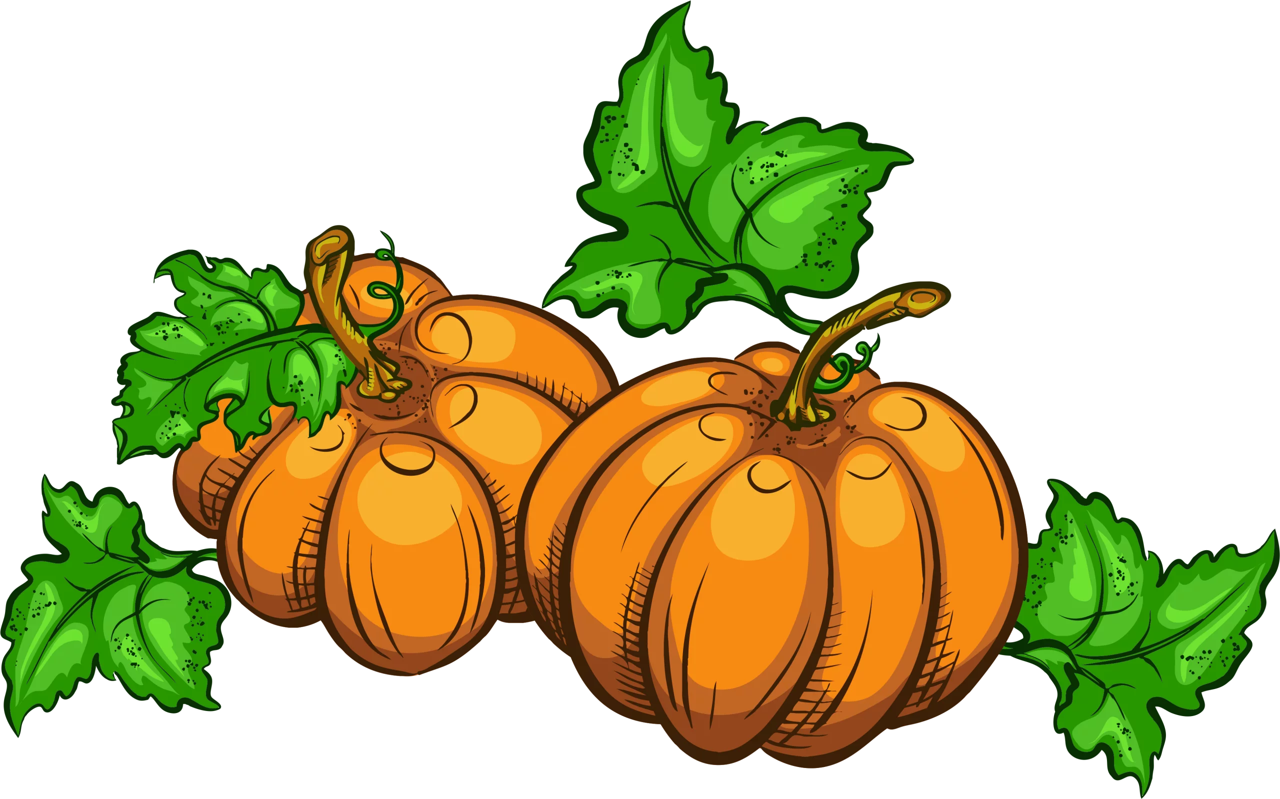 Vibrant Orange Fall Harvest Pumpkin Trio with Green Leaves Clipart Illustration