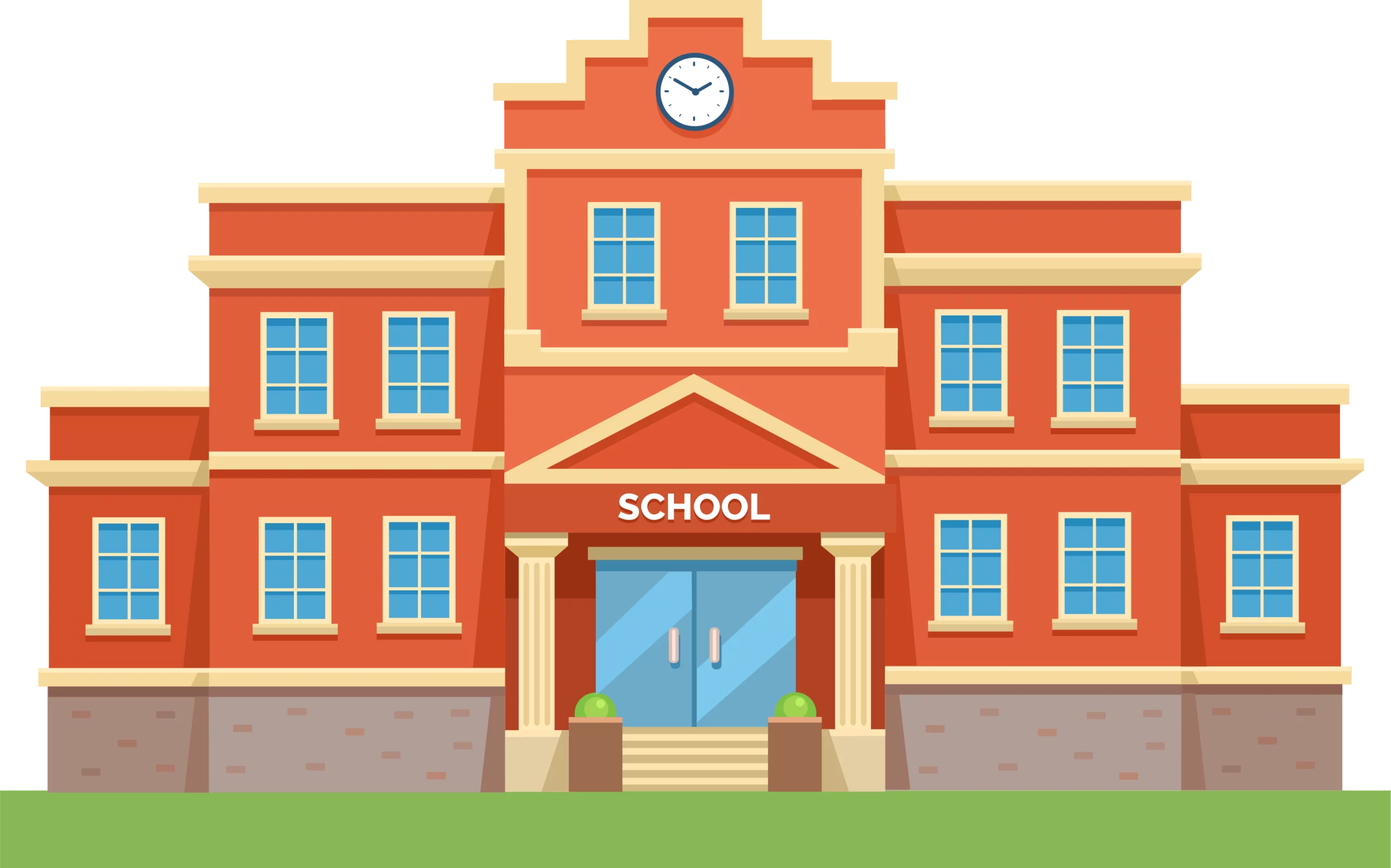 Vibrant Red Brick School Building with Clock Tower Educational Clipart Illustration