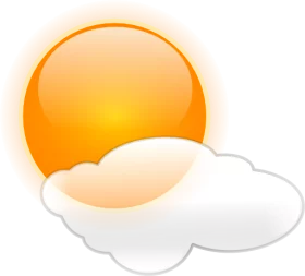 Weather Icon Clipart: Bright Orange Sun Partially Hidden Behind Fluffy White Cloud Graphic Illustration