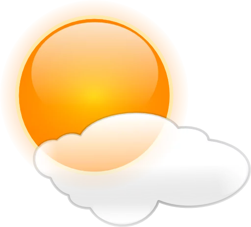 Weather Icon Clipart: Bright Orange Sun Partially Hidden Behind Fluffy White Cloud Graphic Illustration