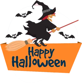 Witch on Broomstick Flying Over Pumpkin Happy Halloween Festive Seasonal Clipart