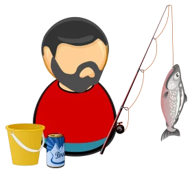 Cartoon Fisherman with Rod, Fish, Bucket and Beer Can Outdoor Activity Clipart