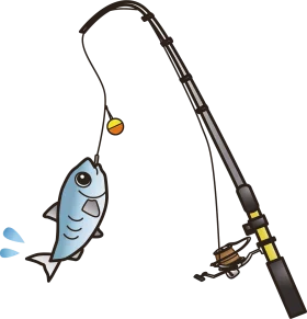 Cute Cartoon Fishing Rod with Caught Blue Fish Clipart for Outdoor Sporting