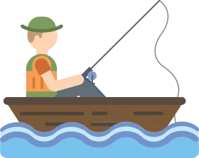 Illustration of Person Fishing from Wooden Boat on Gentle Waves Clipart