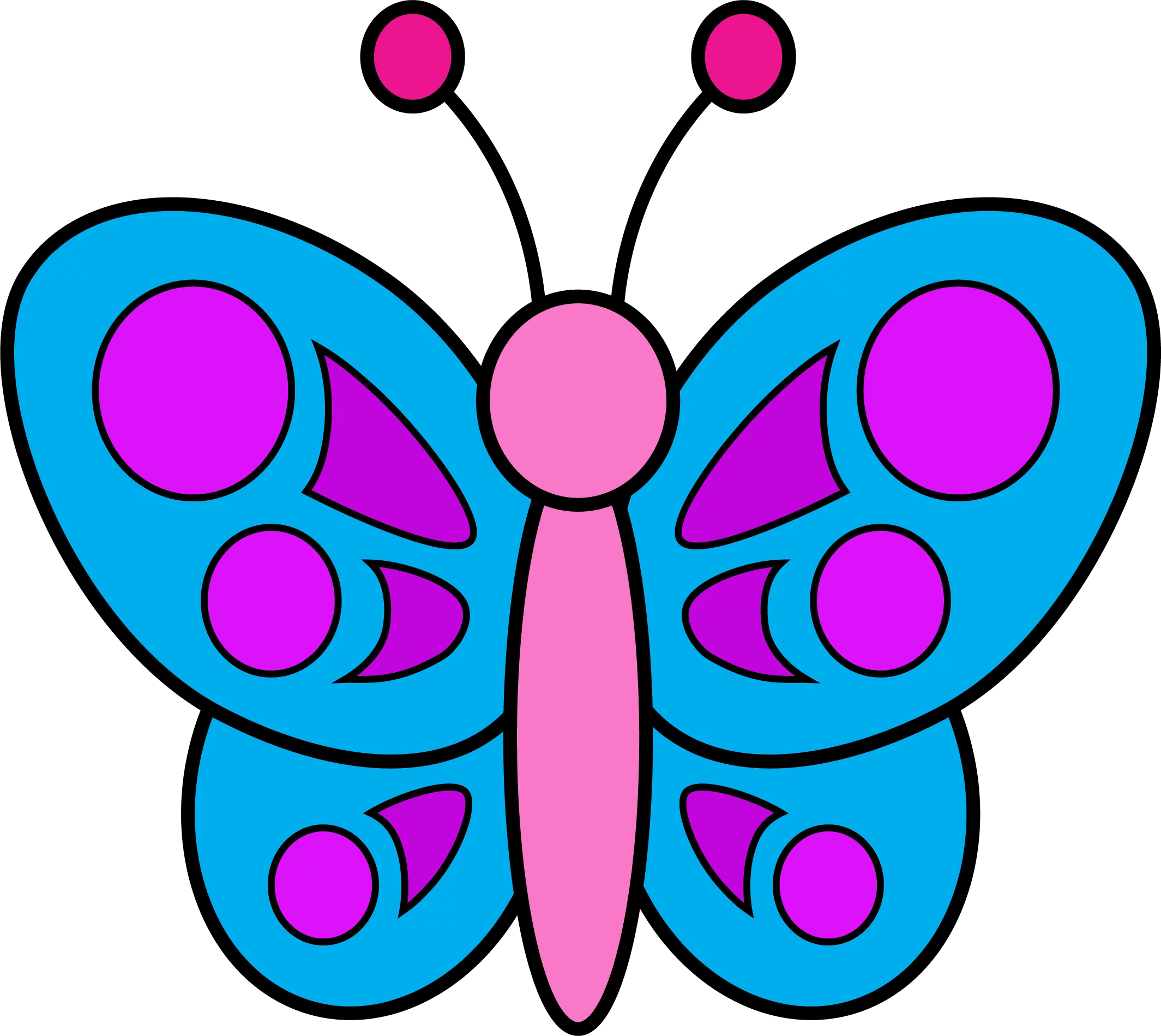 Vibrant Blue and Pink Cartoon Butterfly with Circular Wing Patterns Clipart for Children's Projects