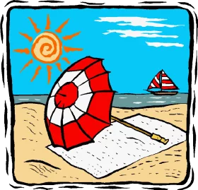 Bright Summer Beach Day with Red Umbrella and Sailboat Relaxation Clipart