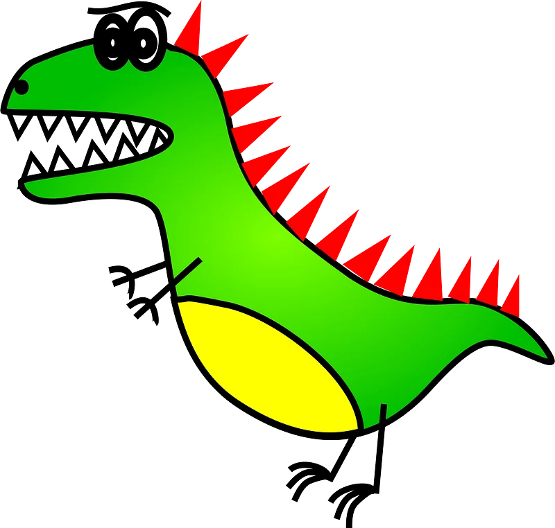 Cartoon Green T-Rex Dinosaur with Red Spikes and Sharp Teeth Children's Clipart