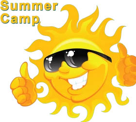 Cheerful Summer Camp Sun Character with Sunglasses Giving Thumbs Up Clipart