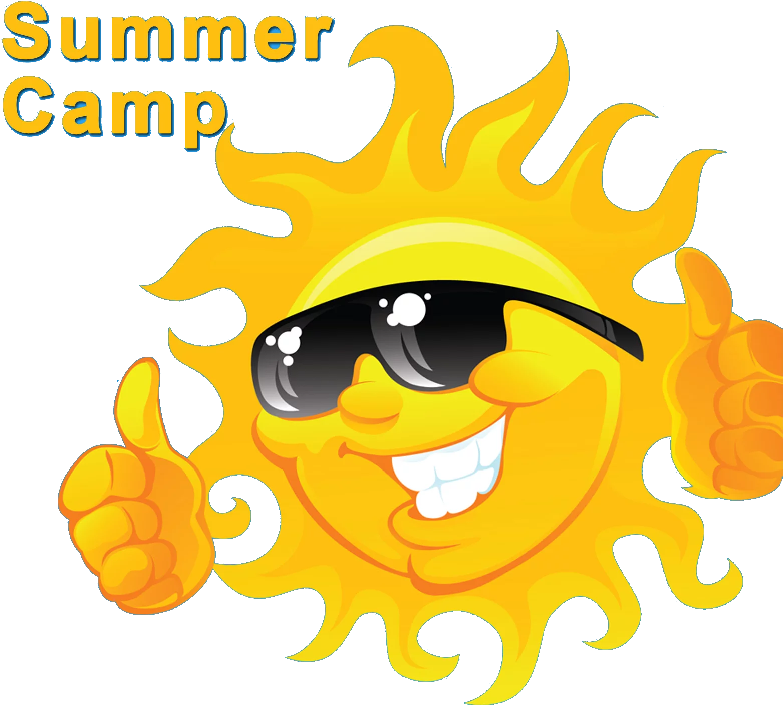 Cheerful Summer Camp Sun Character with Sunglasses Giving Thumbs Up Clipart