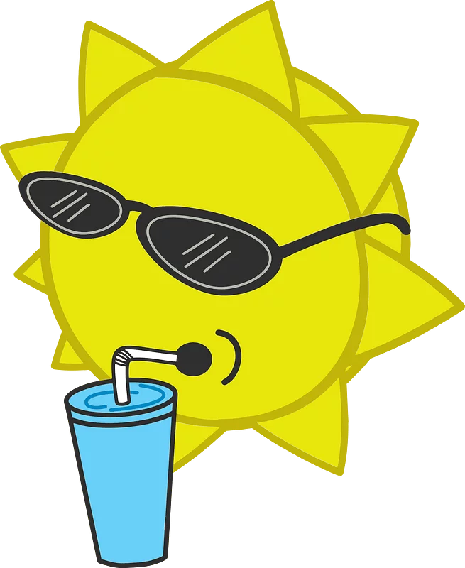 Cool Sun with Sunglasses Drinking from Blue Cup Summer Fun Cartoon Clipart