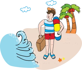 Summer Beach Vacation Clipart with Surfer and Palm Tree Tropical Paradise