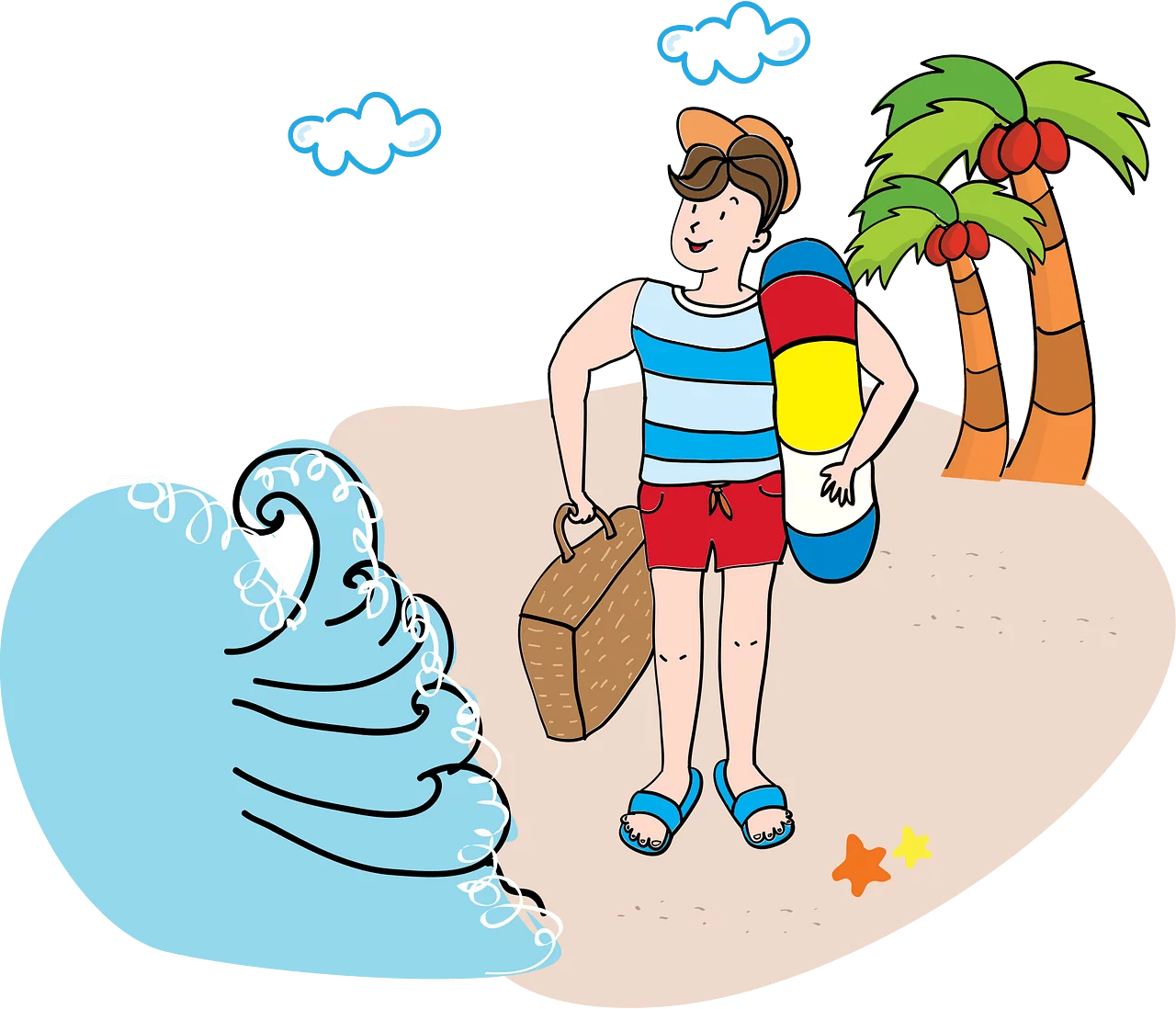 Summer Beach Vacation Clipart with Surfer and Palm Tree Tropical Paradise