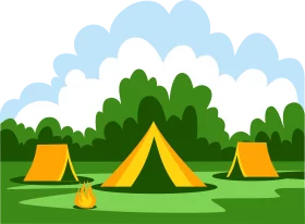 Summer Camping Adventure with Tents in Nature Forest Scene Colorful Clipart