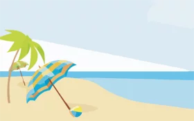 Tropical Beach Paradise Summer Vacation with Palm Tree and Umbrella Clipart