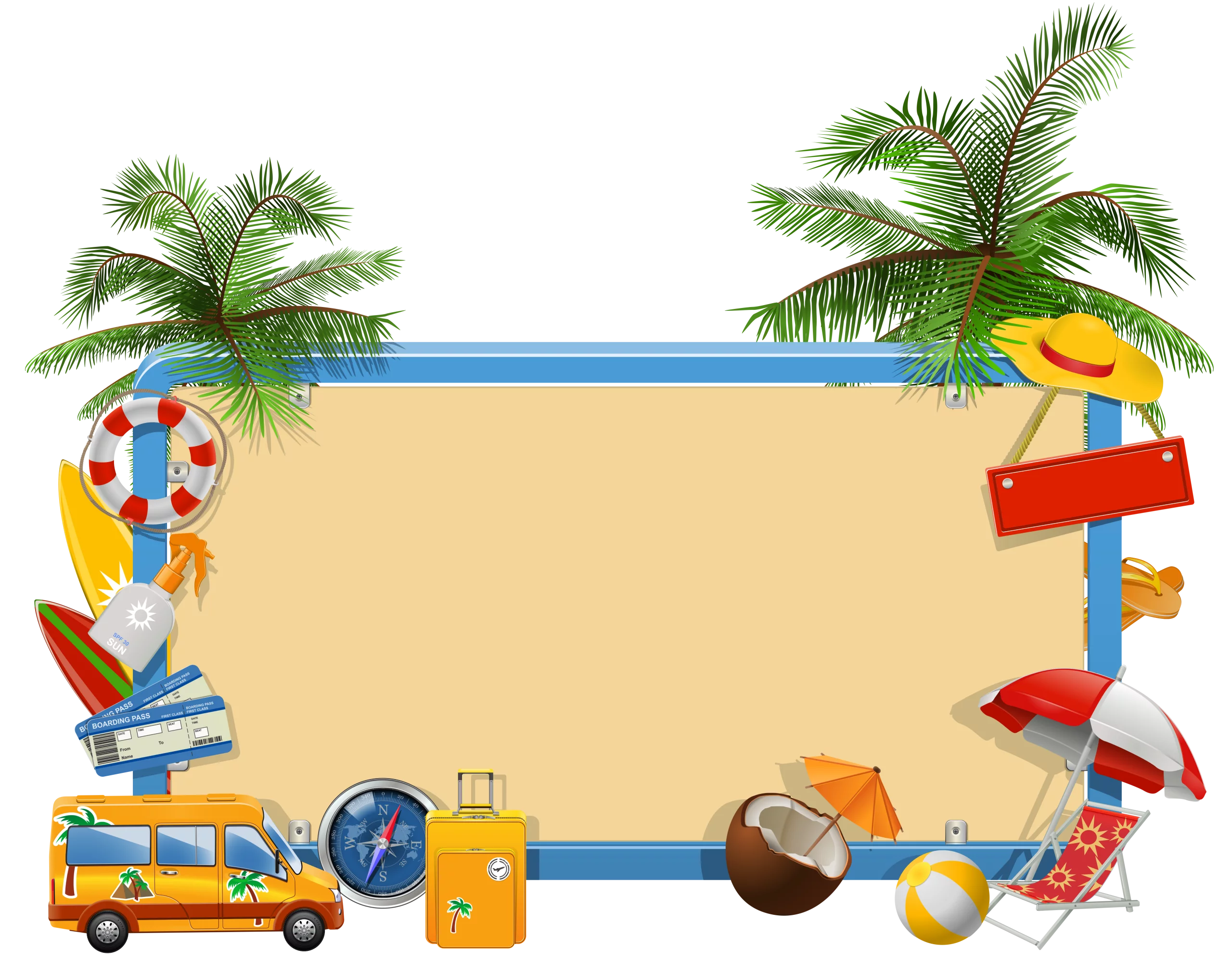 Tropical Beach Vacation Frame with Palm Trees and Summer Elements Clipart