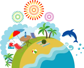 Tropical Paradise Summer Beach Vacation Island with Dolphin and Fireworks Clipart