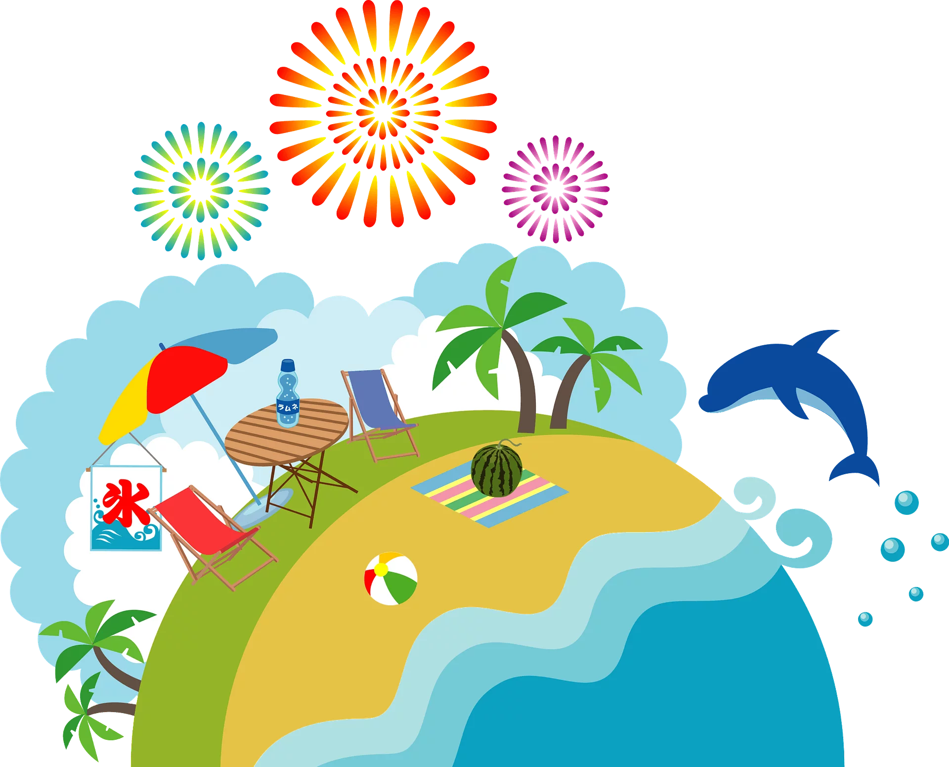 Tropical Paradise Summer Beach Vacation Island with Dolphin and Fireworks Clipart