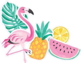 Tropical Summer Paradise Flamingo Fruit Clipart with Monstera Leaf Design