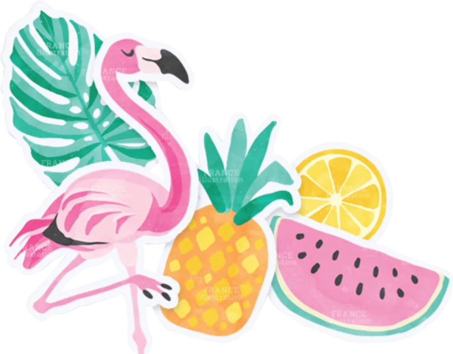 Tropical Summer Paradise Flamingo Fruit Clipart with Monstera Leaf Design