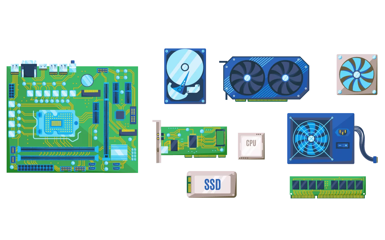 Essential Computer Hardware Components Clipart Collection - Digital PC Parts Set