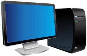 Modern Black Desktop Computer Tower with Wide Blue Screen Monitor Clipart