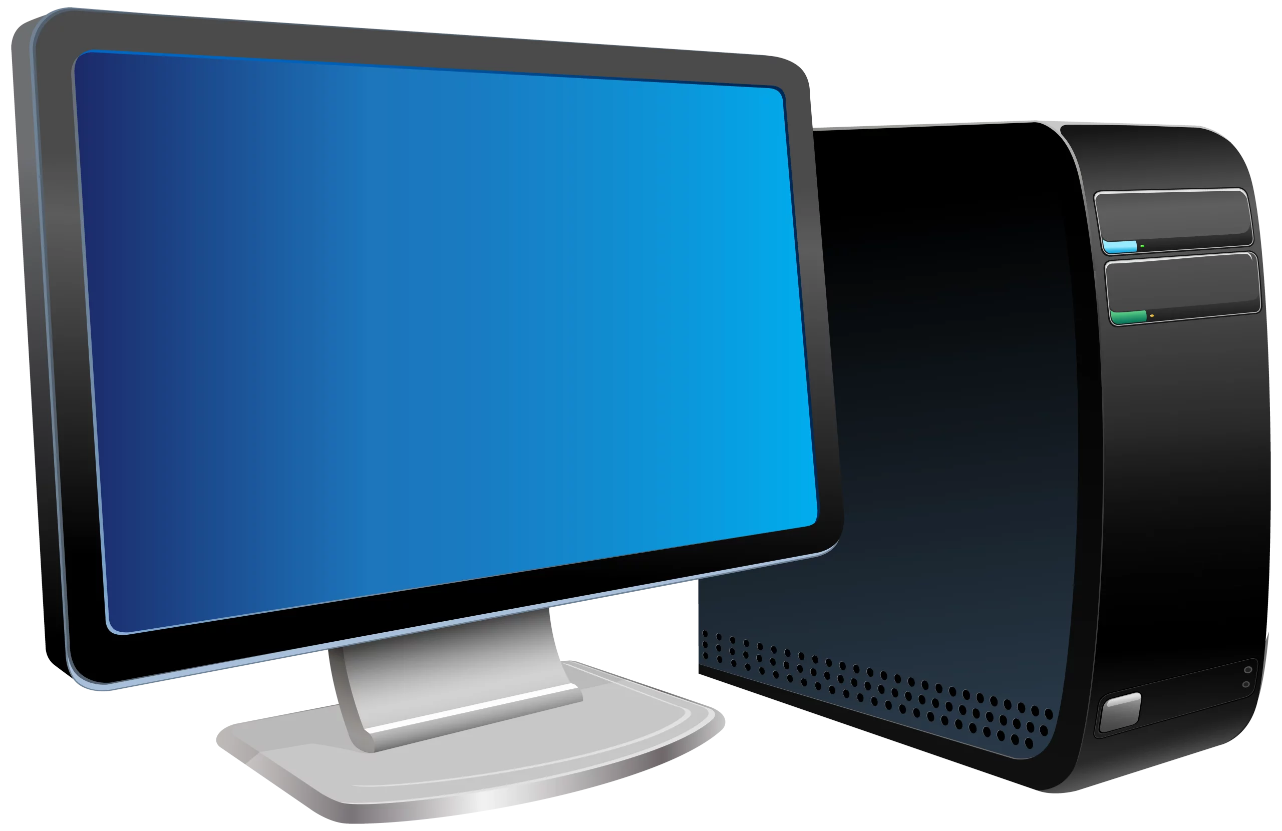 Modern Black Desktop Computer Tower with Wide Blue Screen Monitor Clipart