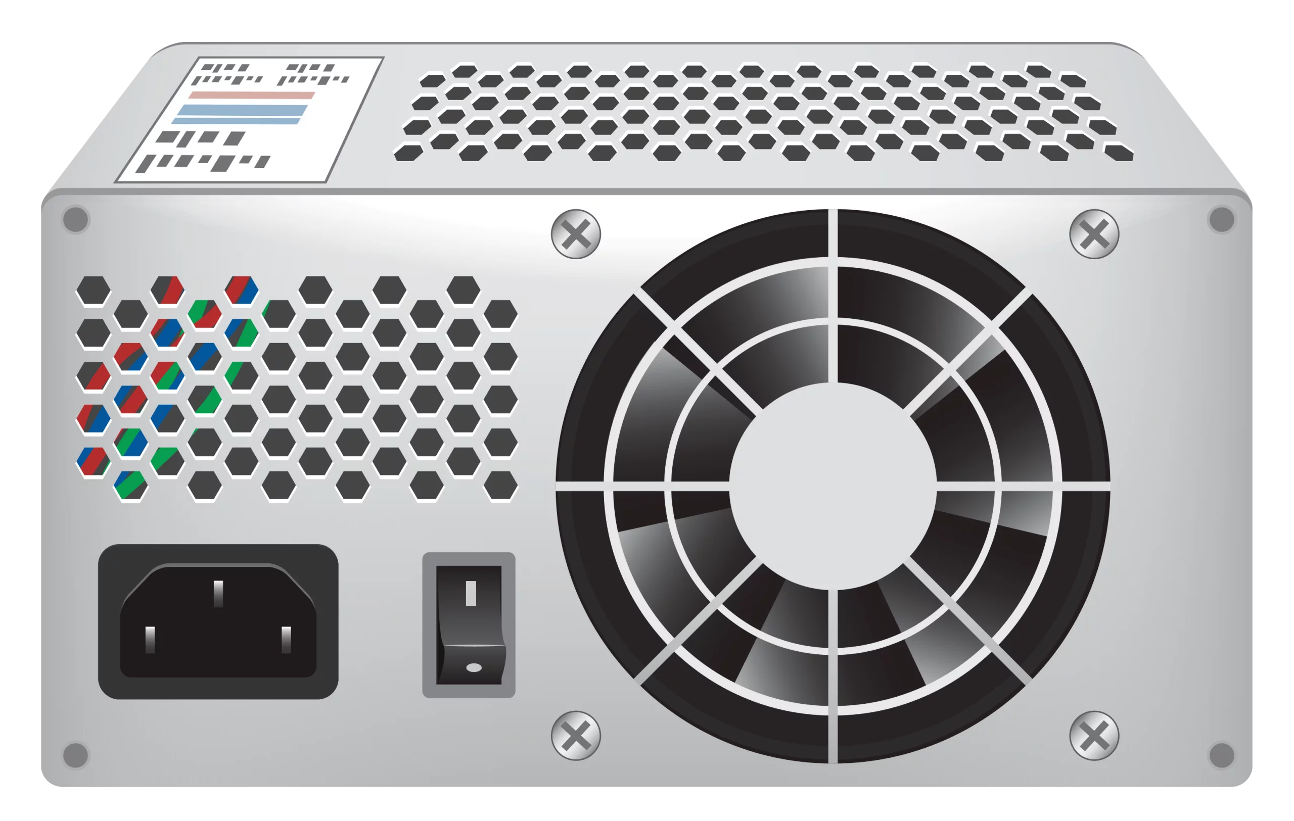 Silver Computer Power Supply Unit with Cooling Fan and Ventilation Holes Clipart