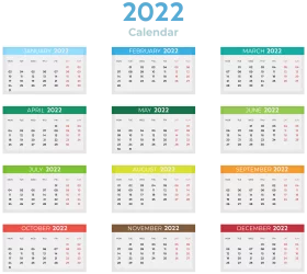 Colorful 2022 Annual Wall Calendar Clipart with All Months in Grid Layout